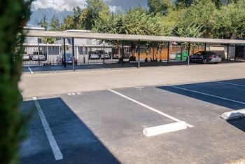 a parking lot in front of a building